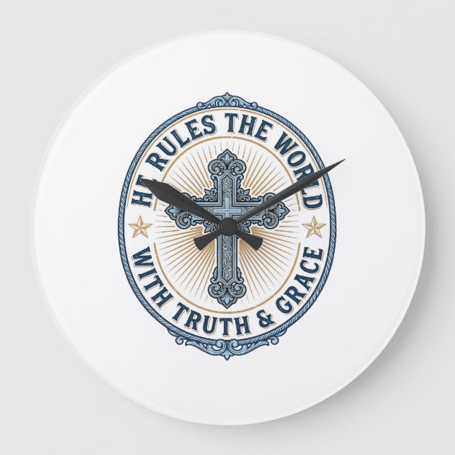 Christian Cross He Rules the World Large Clock (Front)