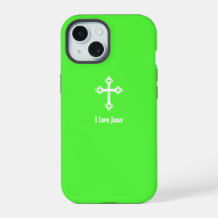 Christian Cross I Love Jesus Lime Green iPhone 15 Case