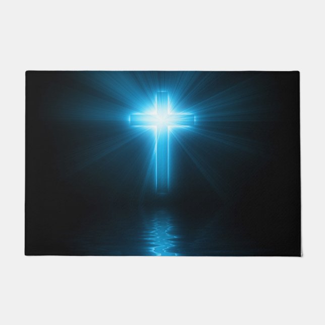 Christian Cross in Blue Light Floor Mat (Front)