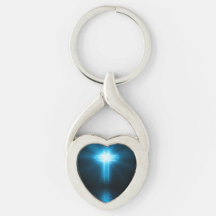 Christian Cross in Blue Light Key Ring