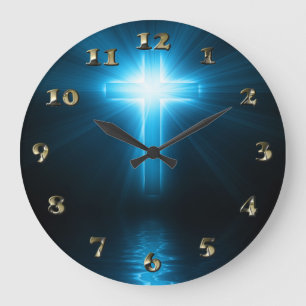 Christian Cross in Blue Light Large Clock