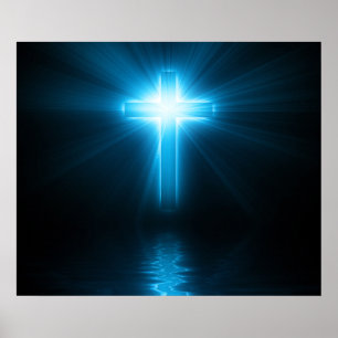 Christian Cross in Blue Light Poster