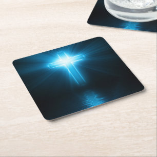 Christian Cross in Blue Light Square Paper Coaster