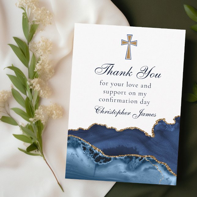 Christian Cross Navy Blue Gold Confirmation Thank You Card (Creator Uploaded)