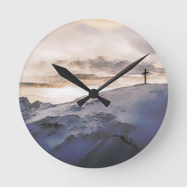 Christian Cross On Mountain Round Clock (Front)