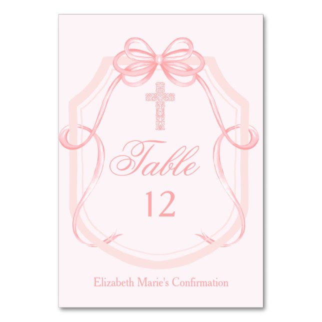 Christian Cross Pink Bow Ribbon Confirmation Table Number (Front)