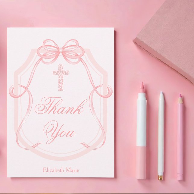 Christian Cross Pink Bow Ribbon Confirmation Thank You Card (Creator Uploaded)