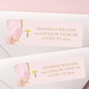 Christian Cross Pink Gold Agate Return Address Label