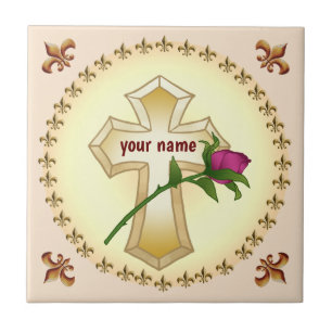 Christian Cross Rose Ceramic Tile