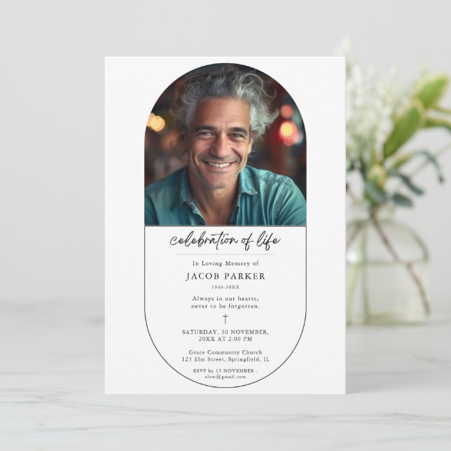 Christian Cross Simple Funeral Memorial Photo Invitation (Standing Front)