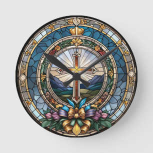 Christian Cross Stained Glass Round Clock