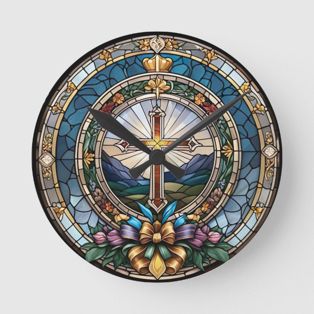 Christian Cross Stained Glass Round Clock (Front)