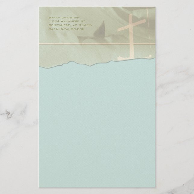 Christian Cross Stationery Torn Edge On Aqua Blue (Front)