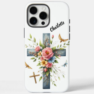 Christian Cross Surrounded Delicate Spring Blossom iPhone 16 Pro Max Case