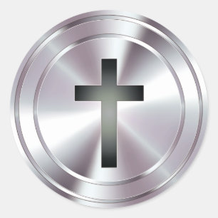 Christian Cross Symbol - chrome silver Classic Round Sticker