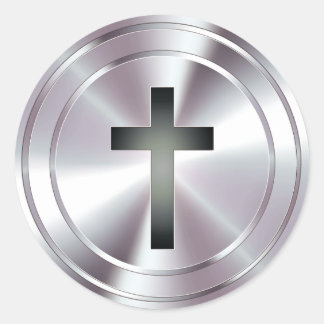 Christian Cross Symbol - chrome silver Classic Round Sticker
