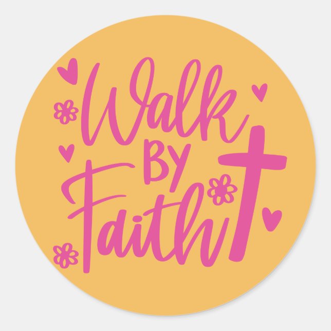Christian Cross Walk by Faith Yellow Pink Classic Round Sticker (Front)