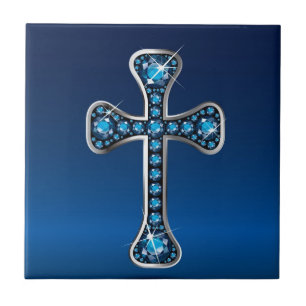 Christian Cross with "Aquamarine" Stones Ceramic Tile