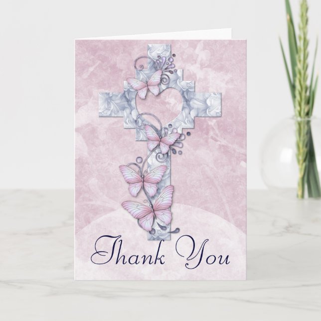Christian Cross with Butterflies Thank You Card (Front)