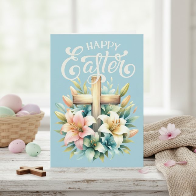 Christian Cross With Easter Lilies Custom Easter Holiday Card (Christian Cross With Easter Lilies Custom Easter Holiday Card)