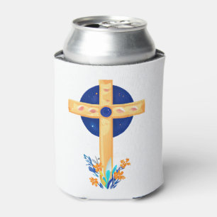 Christian Cross with Flowers Can Cooler