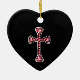 Christian Cross with "Ruby" Stones Ceramic Ornament