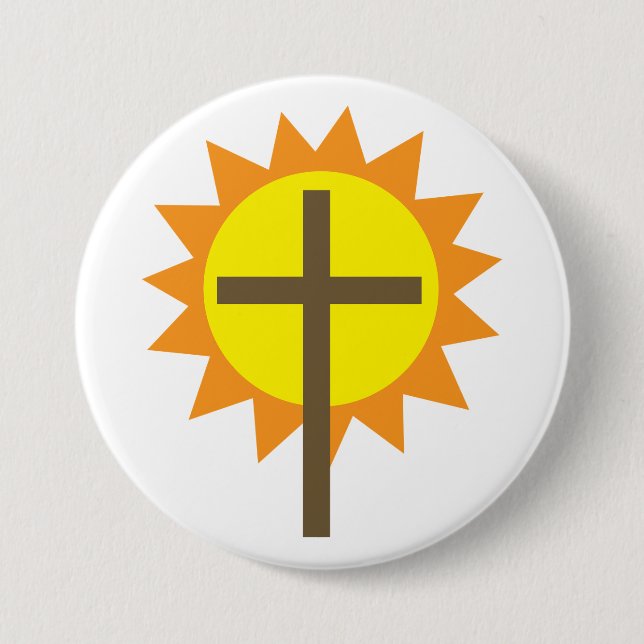 Christian Cross with Yellow Sun and Orange Rays 7.5 Cm Round Badge (Front)