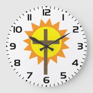 Christian Cross with Yellow Sun and Orange Rays Large Clock