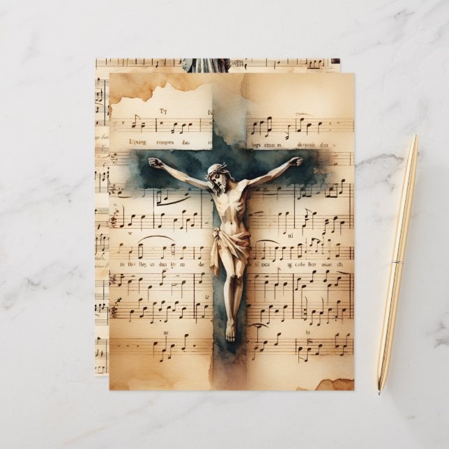 Christian Crucifix Vintage Scrapbook Paper (Front/Back In Situ)
