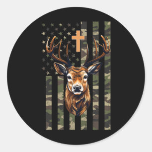 Christian Deer Hunting Camo American Flag  Classic Round Sticker