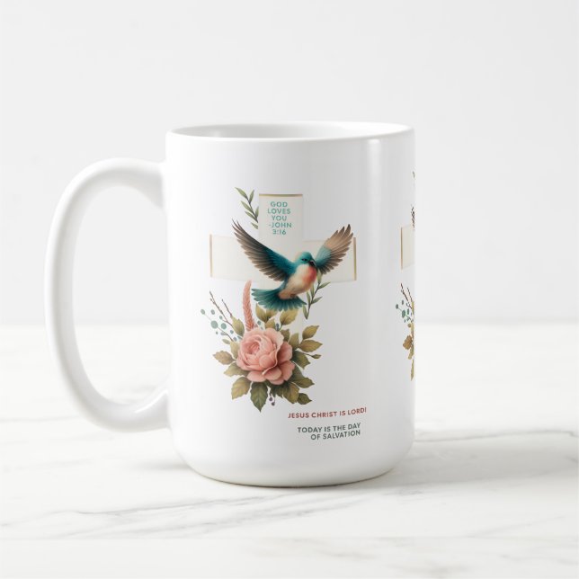 Christian Design with Cross and Bird Coffee Mug (Left)
