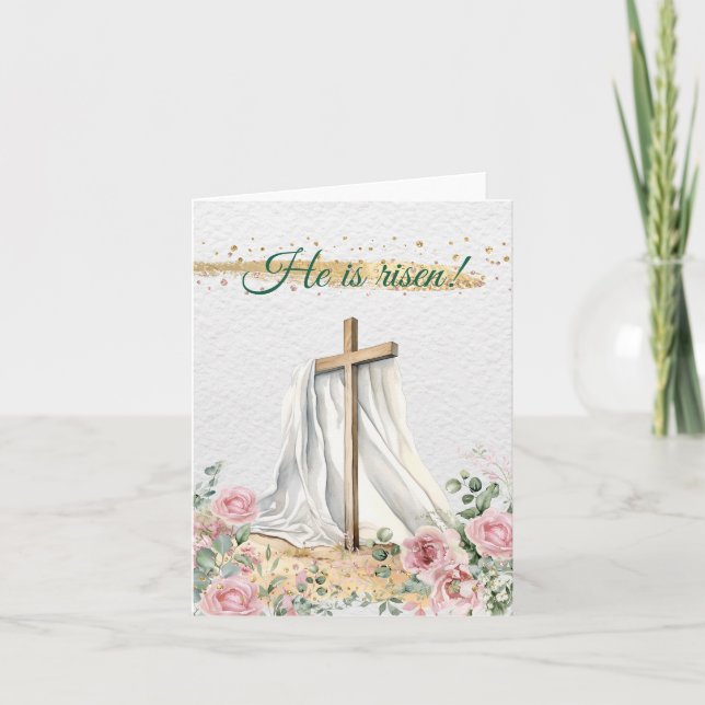 Christian Easter Cross Watercolor Roses Eucalyptus Holiday Card (Front)