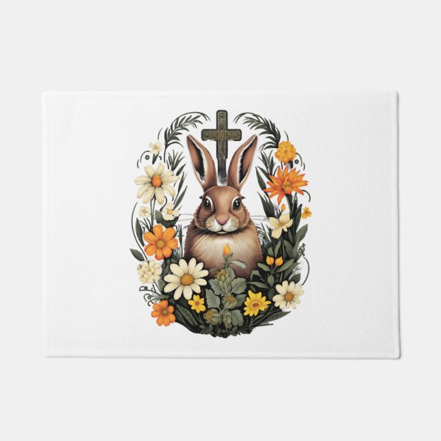 Christian Easter Day Cross Easter Bunny Rabbit    Doormat (Front)