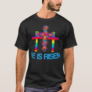 Christian Easter T Colourful Rainbow CrossHe Is T-Shirt