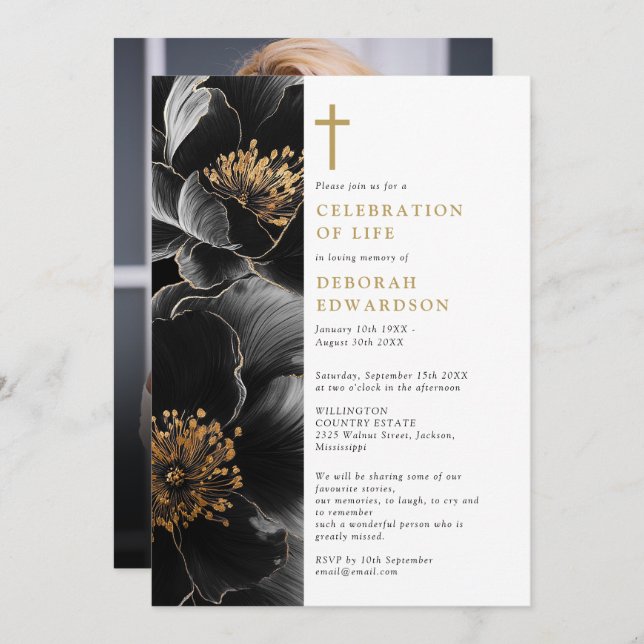 Christian Elegant Floral Celebration Of Life Photo Invitation (Front/Back)
