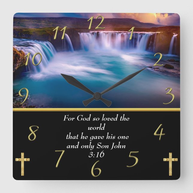 Christian Faith a waterfall John 3:16 Square Wall Clock (Front)