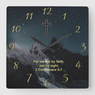 Christian Faith cross with 2 Corinthians 5:7 Square Wall Clock