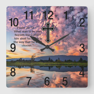 Christian Faith cross with Psalm 25:12 Square Wall Clock