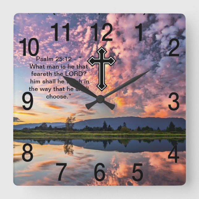 Christian Faith cross with Psalm 25:12 Square Wall Clock (Front)