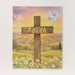 Christian Faith Pastoral Scene Cross And Dove Jigsaw Puzzle