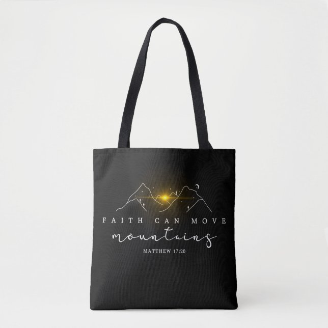Christian Faith Sunrise In Mountains White Script Tote Bag (Front)