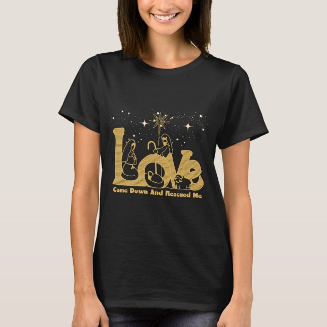 Christian Family Christmas Nativity Scene Gold T S T-Shirt (Front)