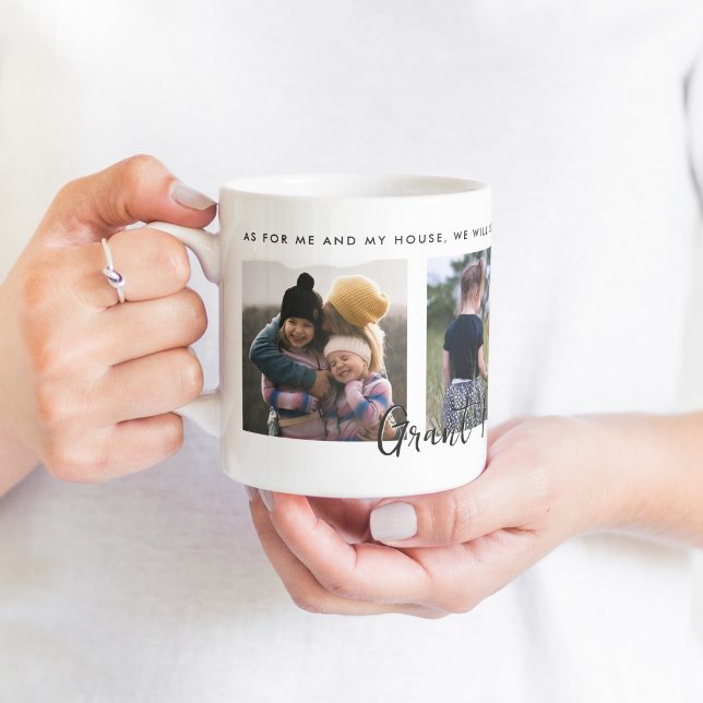 Christian Family Photo Collage Gift Joshua 24: 15 Coffee Mug (Minimal modern design with personalized family name.)