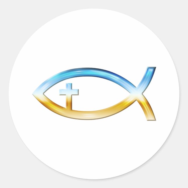 Christian Fish Symbol with Crucifix - Sky & Ground Classic Round Sticker (Front)