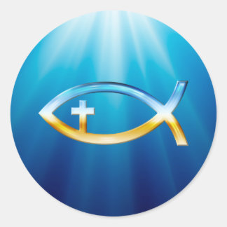 Christian Fish Symbol with Crucifix - Sky & Ground Classic Round Sticker