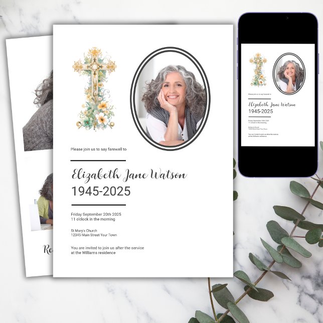  Christian Floral Cross Funeral Photo  Invitation (Creator Uploaded)