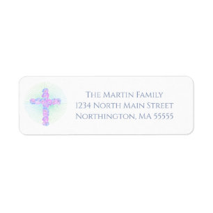 Christian Floral Cross Grey Script Return Address Label