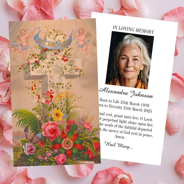 Christian Floral Cross Photo Loss Funeral Sympathy Business Card (Religious Christian Catholic Floral Cross Hope Photo Loss Memorial Funeral Sympathy  Prayer Card)