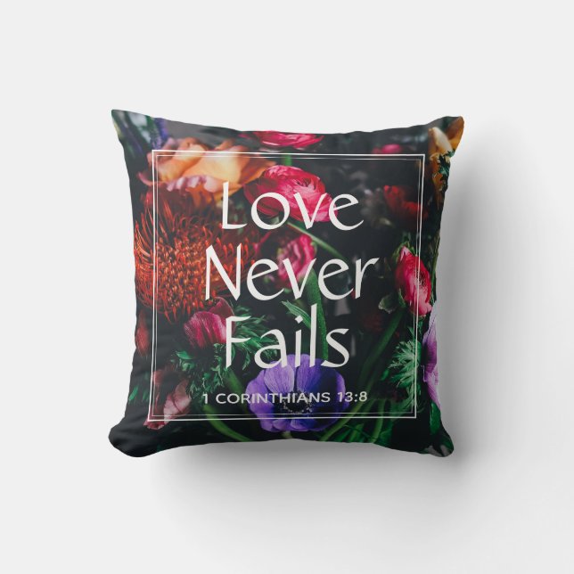 Christian Floral LOVE NEVER FAILS Valentine Cushion (Front)