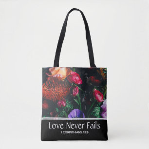 Christian Floral Valentine LOVE NEVER FAILS Tote Bag